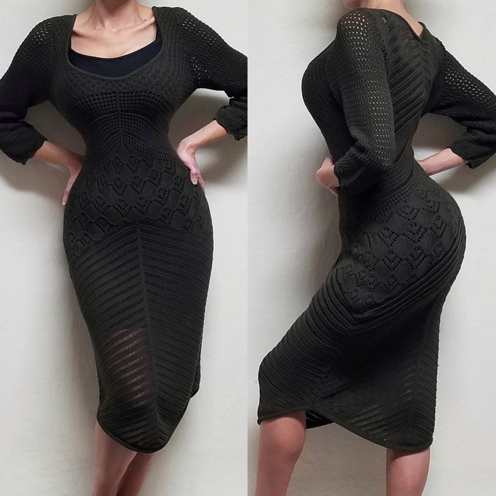 W by Worth Olive Green Open Crochet Knit Plunging Neckline Asymmetric Midi Dress